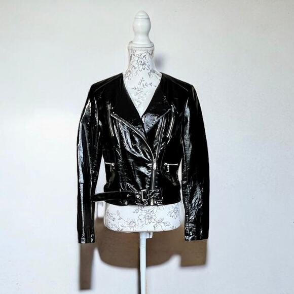 NWOT LA Coalition Black Vegan Patent Leather Motorcycle Jacket XL - Picture 1 of 10